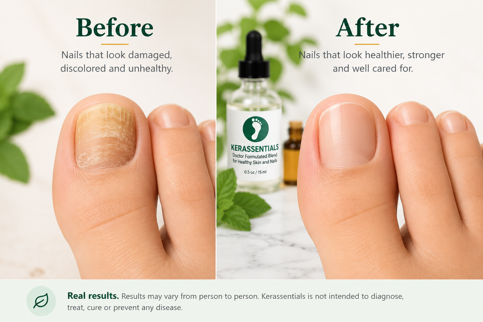 Before and after — nails that look damaged vs. healthier, stronger nails with Kerassentials